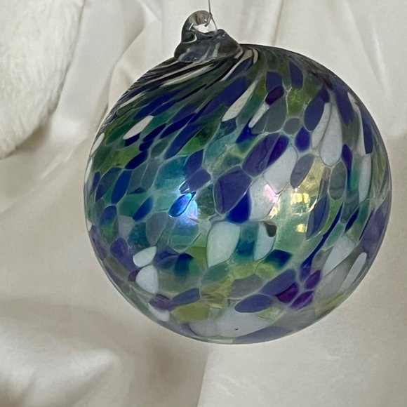 Hand-Blown Large Glass Ornament Shades of Blue Iridescent 4-1/2" Round - Picture 4 of 6